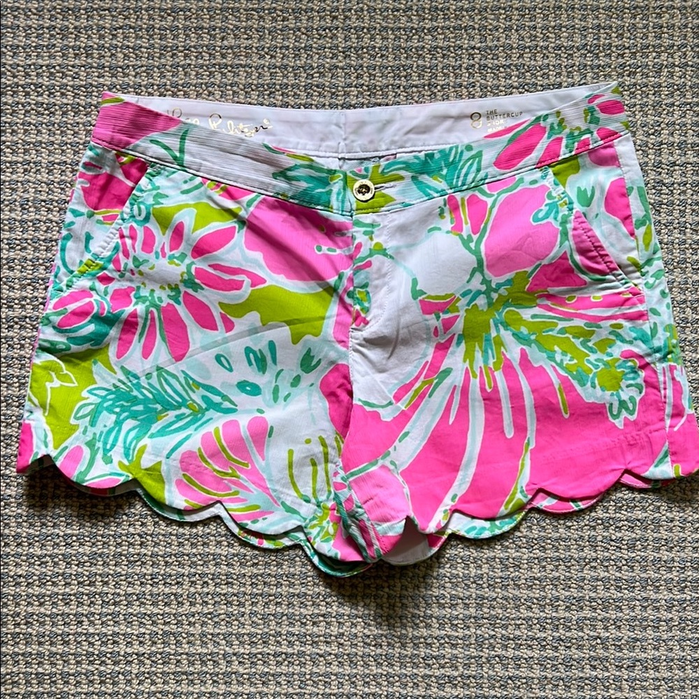 Lilly Pulitzer Pink and Green Bermuda Shorts with Tropical Print